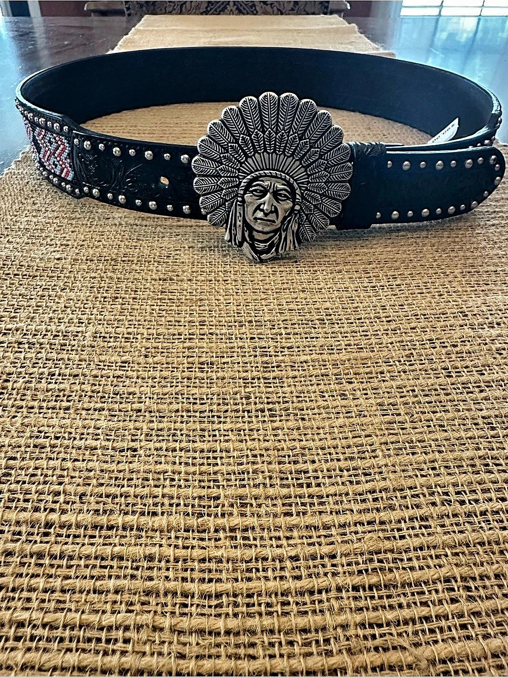 Cowboy Chrome Beaded Western Belt in Black & Red Large NWT
